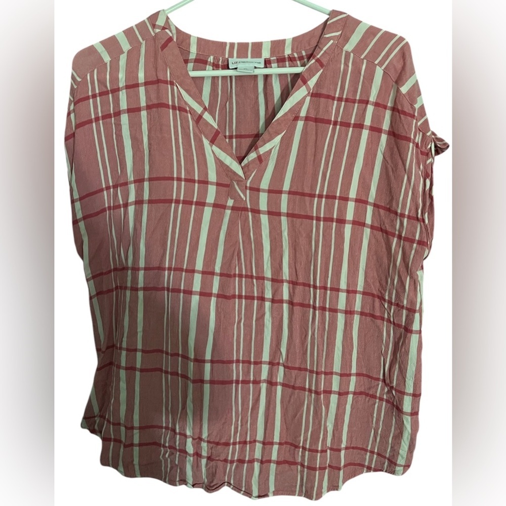 *Liz Claiborne Pink Plaid V Neck Blouse XL